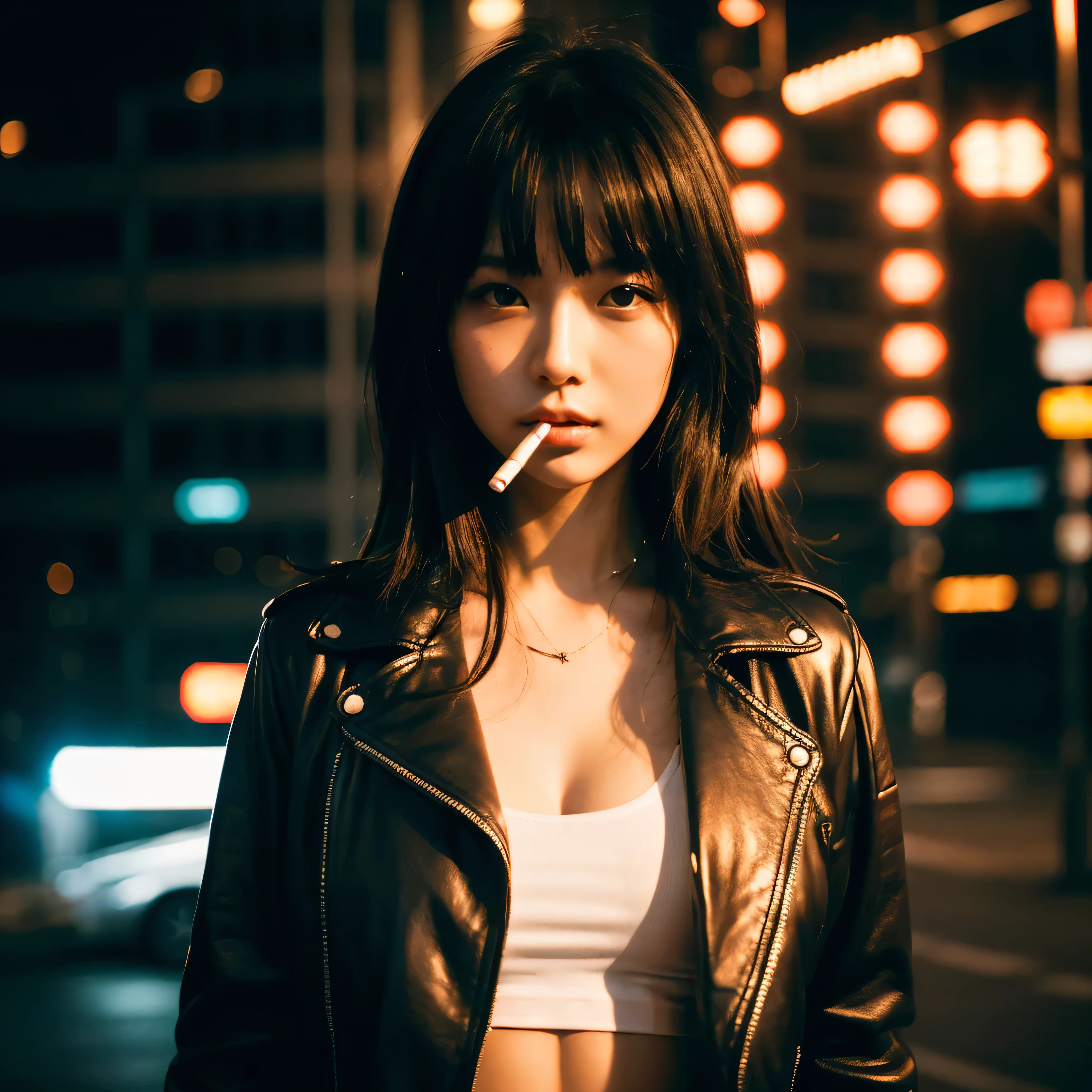 (Best Quality, Masterpiece, Ultra High Definition, High resolution, highly detailed, High Definition Face:1.5), 20-year-old woman, 1 beautiful woman, (full body photo:1.4), (Beautiful woman with a cigarette in her mouth:1.6), (beautiful woman wearing Beautiful woman wearing a leather jacket, neon color fashion:1.3), Smoke is coming out of the cigarette, (beautiful eyes, light in the eyes, eyes are in focus), white skin, Glossy, shiny skin, very Fair skin, (film photography style, photo with strong shadows, Background neon light, City of night, cyber punk:1.2), Poker face, violently fluttering hair, random hair styles, random hair color, Slim Big Breasts, (Huge Breasts), 