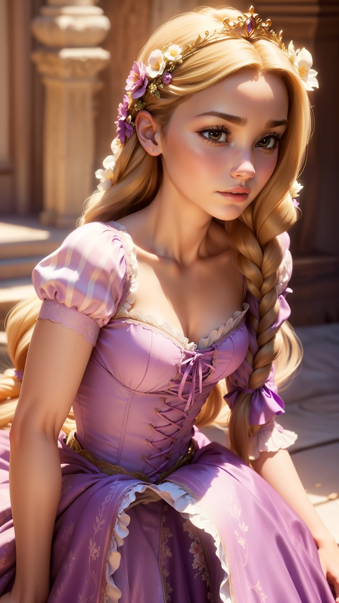 (GapingAssholesAllFourQuiron pose),  realista, (melhor qualidade:1.1), Obra de arte, (detalhado:1.1), Luz manchada,  1 garota, pov, (por trás),  todos de quatro, foto de uma linda mulher sexy de 26 anos como (a Rapunzel (Emaranhado): O vestido característico de Rapunzel é um vestido cor de lavanda com mangas inchadas e um corpete estilo corpete. O corpete é tipicamente decorado com rendas intrincadas ou bordados florais. A saia sai da cintura, feito de camadas macias, tecido em tons pastéis, como chiffon ou tule. As camadas adicionam volume e movimento ao vestido, e algumas versões apresentam delicados padrões florais. Longo de Rapunzel, O cabelo dourado é muitas vezes estilizado em tranças ou cachos soltos, às vezes adornado com flores ou fitas. Ela também pode usar uma pequena tiara ou coroa para completar seu look de princesa..),  (realista skin texture), (:1.3), gape,  ,  sessão fotográfica profissional,    alto contraste e pose dinâmica, curvando-se