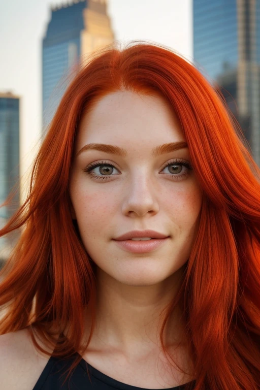 realistic photography,face looking at camera frontal,long beautiful red hair,against the backdrop of city skyscrapers