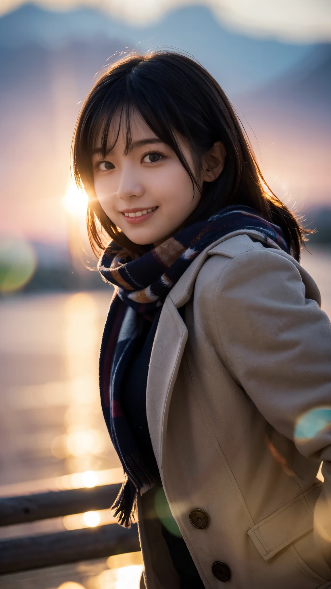 (highest quality,masterpiece:1.3,ultra high resolution),(Super detailed,caustics,8k),(photorealistic:1.4,RAW shooting),(sunset),(Backlight),(sunset sky),(dusk),(snowfield),grove of trees,18-year-old,cute,Japanese,Black Hair Middle Hair,(look up a little),(open your mouth a little:1.1),smile,Scarf,down coat,side shot,Landscape,shot from the waist up,low position,Low - Angle,Natural light,Lens flare
