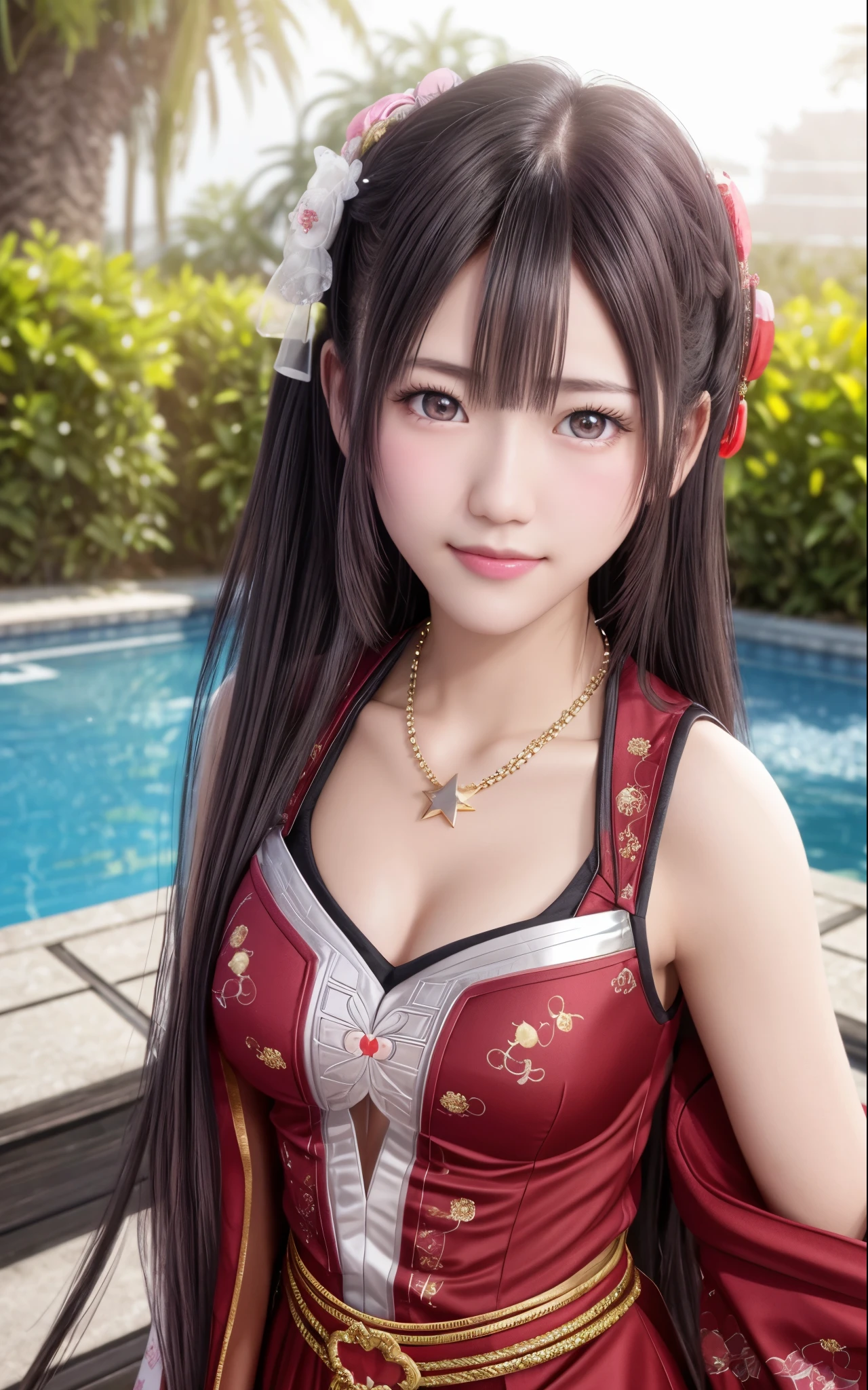 最high quality, masterpiece, High resolution, uxia 1 girl,blush,(enchanting smile:0.8),star-shaped pupil,Chinese Hanfu,hair ornaments,necklace, jewelry,beautiful face,On top of that_body, Tyndall effect,realistic, Dark studio, rim lighting, two-tone lighting,(high definition skin:1.2), 8k UHD, Digital single-lens reflex camera, soft lighting, high quality, volume lighting, Frank, photograph, High resolution, 4k, 8k, 