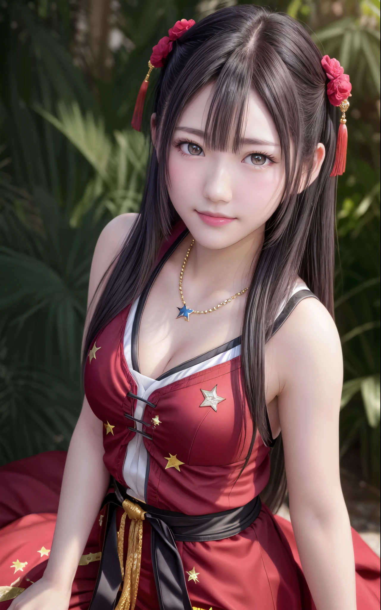 最high quality, masterpiece, High resolution, uxia 1 girl,blush,(enchanting smile:0.8),star-shaped pupil,Chinese Hanfu,hair ornaments,necklace, jewelry,beautiful face,On top of that_body, Tyndall effect,realistic, Dark studio, rim lighting, two-tone lighting,(high definition skin:1.2), 8k UHD, Digital single-lens reflex camera, soft lighting, high quality, volume lighting, Frank, photograph, High resolution, 4k, 8k, 