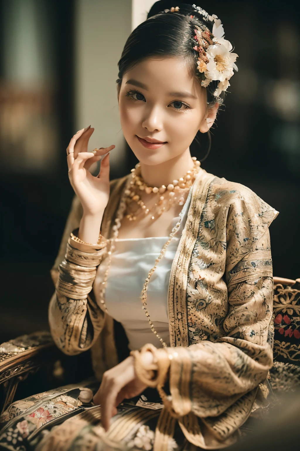 (best quality,4k,8k,highres,masterpiece:1.2),ultra-detailed,(realistic,photorealistic,photo-realistic:1.37),stunning Burmese patterned Green traditional dress lady, MMTD Green BURMESE PATTERNED TRADITIONAL DRESS , WEAR PEARL NECKLACES AND GOLD BRACELETS,FULL BODY DETAILS BEAUTY, Green Dress, beautifully adorned, eye-catching brocade patterns, rich and vibrant colors, detailed embroidery work, exquisite textures, meticulously handcrafted dress, vividly captures the essence of Burmese culture,traditional floral motifs,black single bun hair with flower,intricately arranged hairpiece, delicate and feminine, adds a touch of sophistication,soft yet confident expression,deep and captivating eyes,lustrous lips with a hint of a smile,flawless complexion, polished and refined, mesmerizing presence, subtle lighting, dramatic shadows, showcases the lady's grace and beauty, immersive visual experience, full body photoshoot, perfect body, perfect hands, big bust.