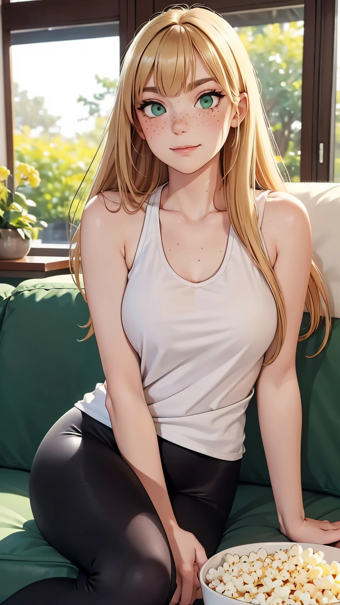 ((best quality)), ((masterpiece)), (detailed), smug face, perfect face, blonde straight hair, bangs, green eyes, freckles, blush, white loose tank top, black leggings,

on a couch eating popcorn, legs spread