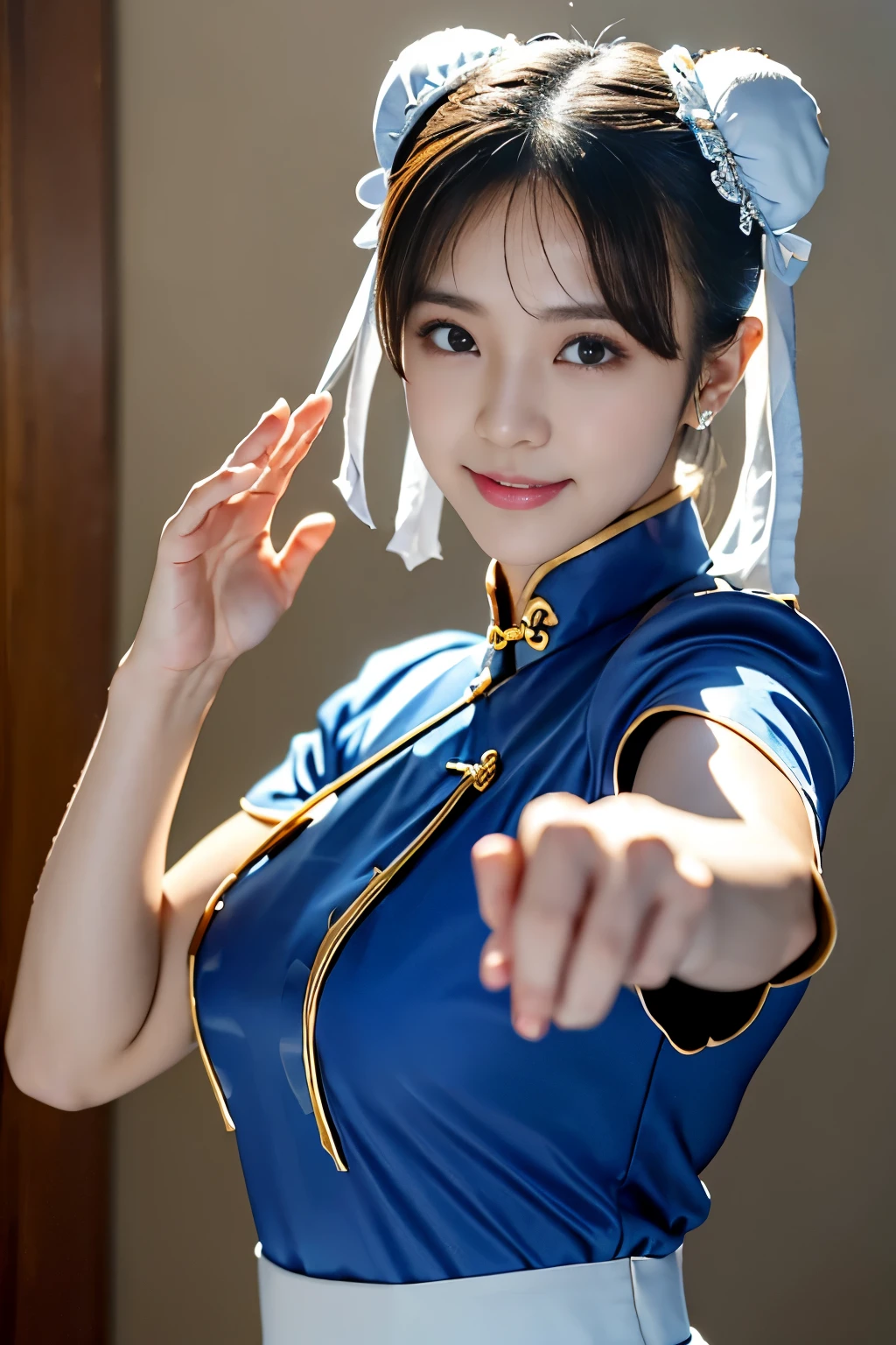 Chun-Li de Street Fight II,fantasia perfeita de chun li,cheongsam azul com linhas douradas,cabeça de coque,capa de pão,pose de luta,obra de arte、1 linda garota、Olhos finos、Olhos inchados、mais alta qualidade, 超Alta resolução, (realidade: 1.4), iluminação de filme、japonês、beleza asiática、coreano、Super lindo、pele bonita、corpo voltado para frente、close do rosto、(超realidade的な)、(Alta resolução)、(8K)、(Muito detalhado)、(美しくOlhos finos)、(super detalhado)、 (parede-)、rosto detalhado、iluminação brilhante、Iluminação Profissional、olhando para o espectador、Olhe para frente、franja inclinada、Ídolo Nogizaka、ídolo coreano、obra de arte, mais alta qualidade, obra de arte, mais alta qualidade, Rosto Perfeito, olhos castanhos perfeitos com esclera branca, bad move-5, sozinho, 1 garota, tronco, cabelo castanho, Do SF2, Serviço chinês, sorriso, mulher musculosa, Roupas azuis, meia calça, cortina pélvica, mangas curtas bufantes, Boa cobertura, faixa, avaliação:segurança