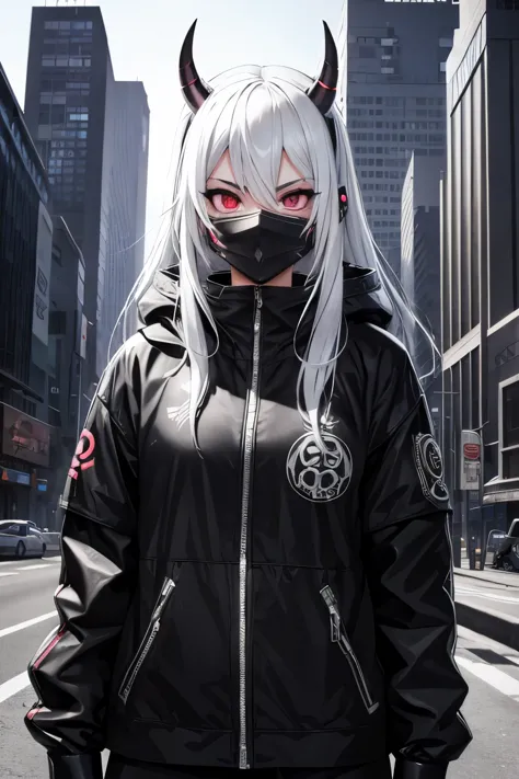Cyberpunk oni mask girl city eyes manga style black and white Above all
