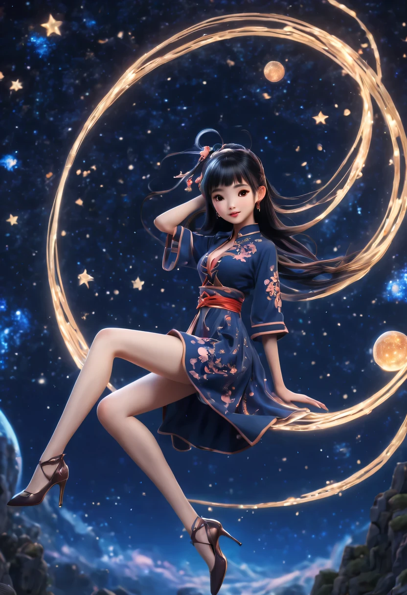 (best quality, high resolution, super sharp), magic ,Cute Chinese girl, tattoo, in a magic starry sky, tangled, full color, 3d crunch, long legs, whole body, 请SFW.