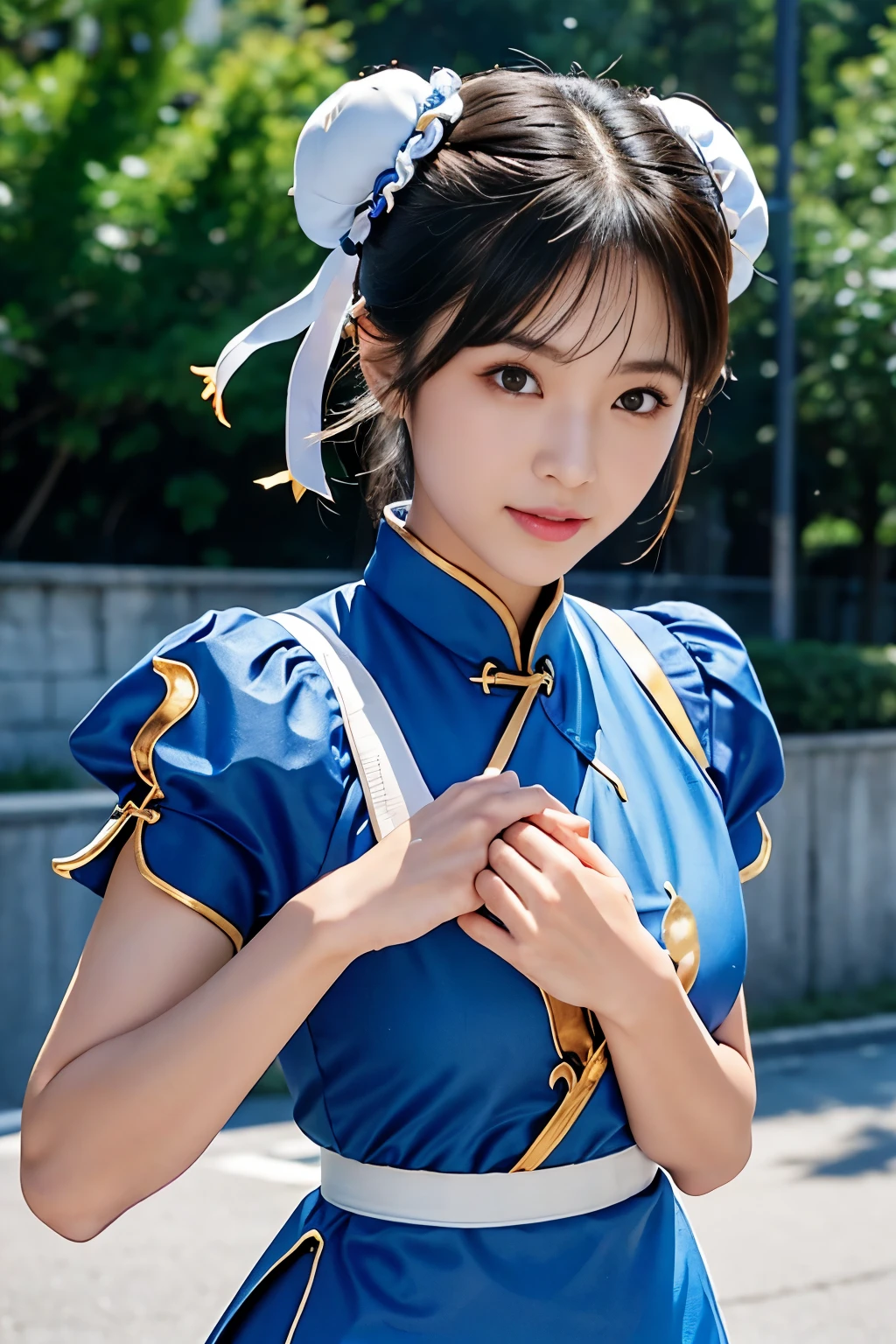 Chun-Li from Street Fight II,perfect chun li costume,Blue cheongsam with gold lines,Bun head,bun cover,fighting pose,masterpiece、1 beautiful girl、fine eyes、puffy eyes、highest quality, 超High resolution, (reality: 1.4), movie lighting、Japanese、asian beauty、Korean、super beautiful、beautiful skin、body facing forward、close up of face、(Ultra-realistic)、(High resolution)、(8k)、(very detailed)、(Beautiful and fine eyes)、(Super detailed)、 (wall-)、detailed face、bright lighting、professional lighting、looking at the viewer、look straight ahead、slanted bangs、Nogizaka Idol、korean idol、masterpiece, highest quality, masterpiece, highest quality, perfect face, perfect brown eyes with white sclera, bad move-5, alone, 1 girl, Upper body, brown hair, From SF2, Chinese service, smile, muscular woman, blue clothes, pantyhose, pelvic curtain, Puffy short sleeves, Good cover, sash, evaluation:safety
