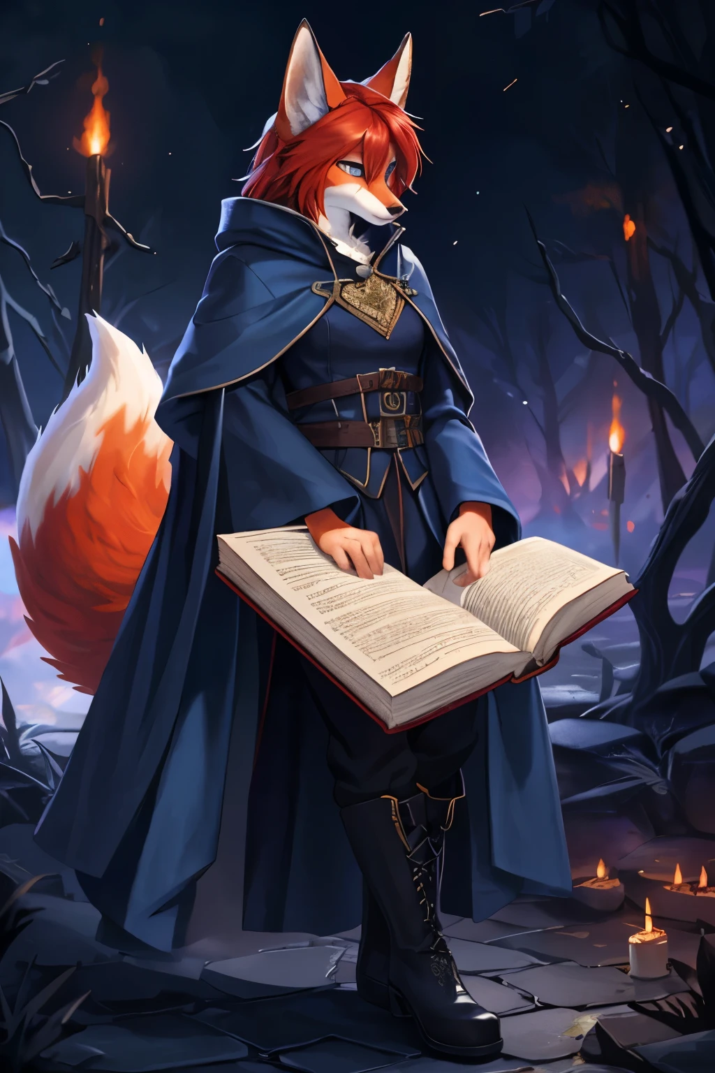 (Best quality,A high resolution),(Realistic:1.37)fox, redhead, Furry, kitsune, wool, sparkling eyes, flowy dark blue coat with black blouse, fire mage, holding a book of spells in his left hand, full length, black boots, in a dark fantasy atmosphere, Fantasy character