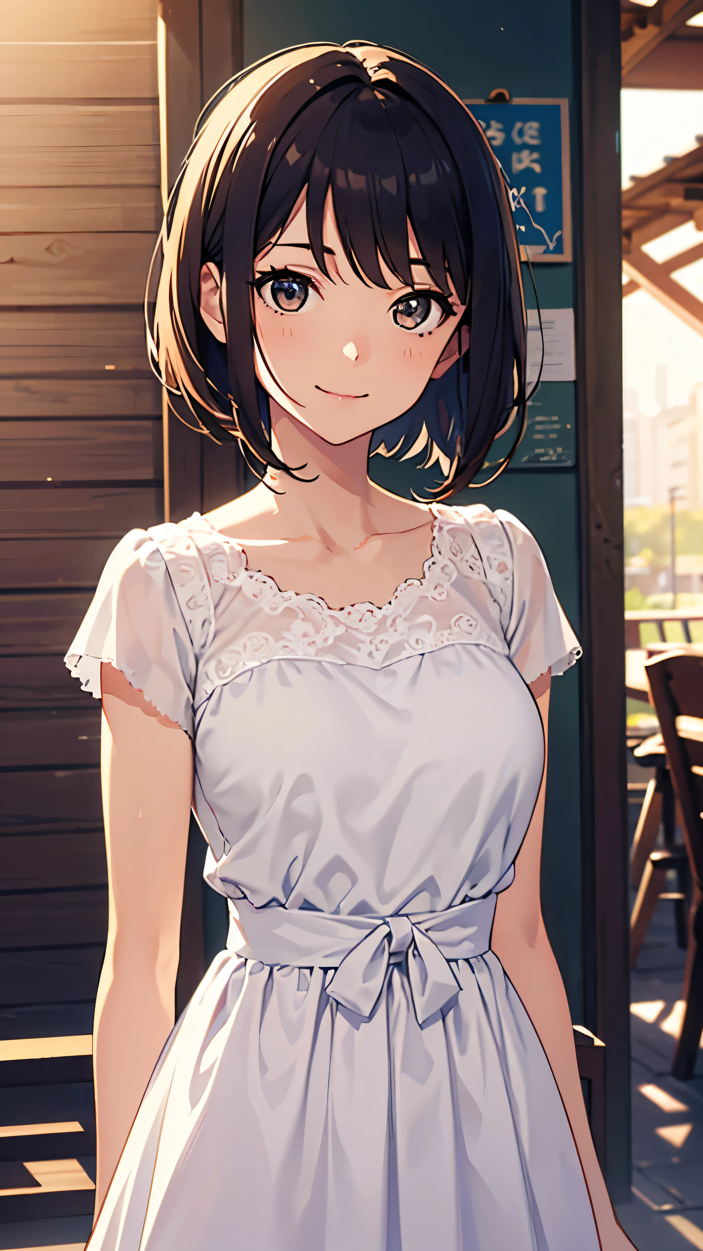 highest quality, detailed face, 1 girl, middle chest, smile, casual dress, (attractive, puffy eyes:1.2), excellent anatomy, looking at the viewer, soft focus, golden hour lighting, Depth of the bounds written, happy expression, short cut hair, outdoors, (profile shot:0.3)