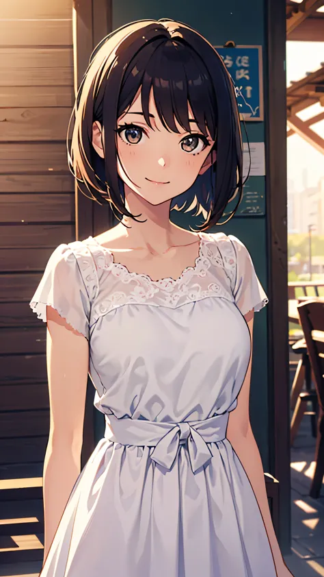 highest quality, detailed face, 1 girl, middle chest, smile, casual dress, (attractive, puffy eyes:1.2), excellent anatomy, look...