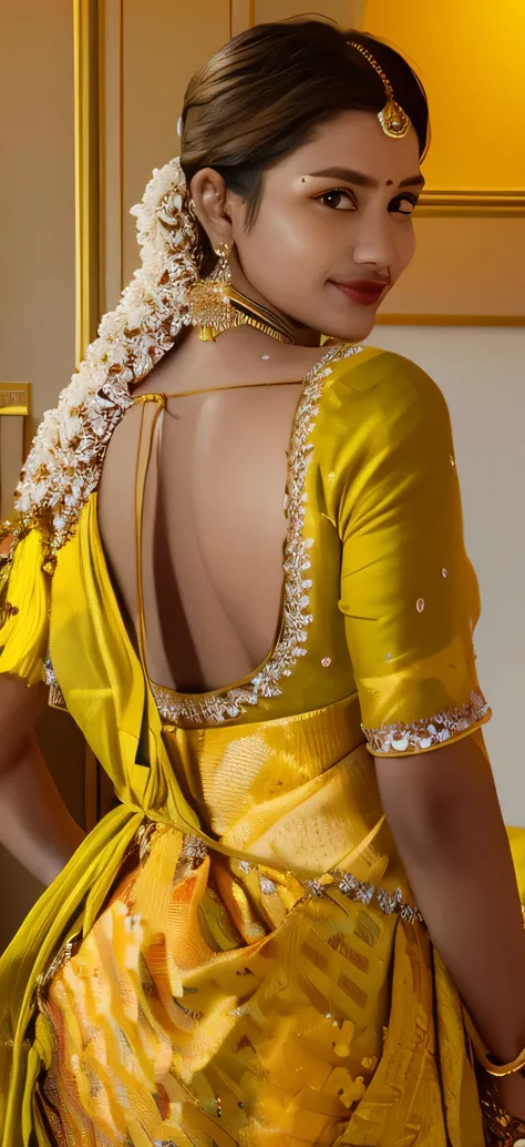 a woman in a yellow sari with a flower in her hair, showing her shoulder from back, very beautiful enga style, yellow details, backview, with yellow cloths, lady using yellow dress, back - view, back view also, details galore, with intricate details, back ...