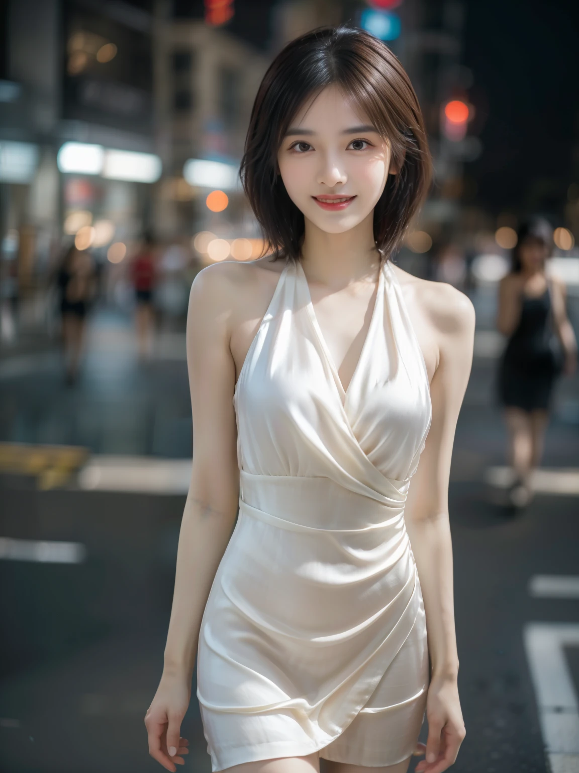 8k, table top, RAW photo, highest quality, realistic, Highly detailed CG Unity 8k wallpaper, Depth of the bounds written, cinematic light, Lens flare, ray tracing, (very beautiful face, beautiful lips, beautiful eyes), face with intricate details, ((highly detailed skin)) 1 girl, in the dark, deep shadow, cute japanese actress, (very slim and slender fit muscular body:1.3), ((looking at the viewer)),(big smile:1.3), (fashion city night, dark night, (neon sign), (blurred background), fashion street night),(no people in the background:1.3), beautiful earrings, bracelet, pantyhose, short hair、walk, (white skin), (Big eyes), look forward, (brown hair), (full body shot), ((silk dress:1.3)), ((tight fit dress)), , (looking at the viewer:1.3) open chest, very slim, medium breasts, focusing, front of eyebrows,(tight dress),