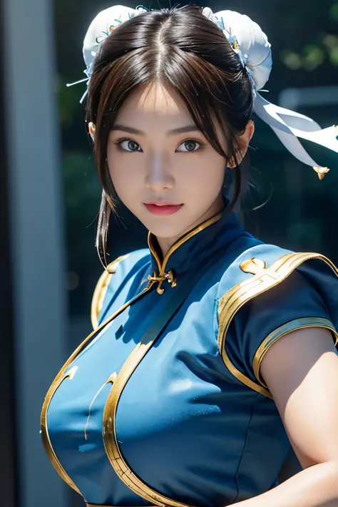 chun-li from street fight ii,perfect chun li costume,blue cheongsam with gold lines,bun head,bun cover,fighting pose,masterpiece...