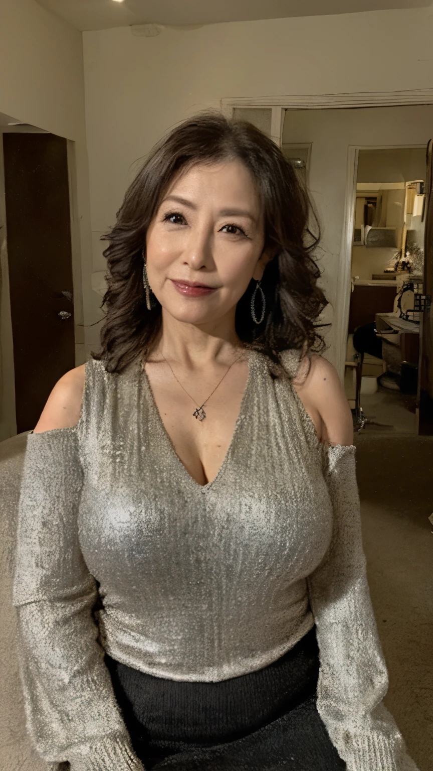 (whole body:1.3), (extreme beauty), (fat evil goddess), gravure, highest quality, super detailed, realistic, super dense skin, perfect anatomy, (1 Japanese mature woman), (alone), 65 years old, big breasts, mature female politician, charismatic, Sexy, pure white skin, view viewer, middle-aged women,(No cleavage),upper limbs, compensate, (lipstick: 1.1), (eyeliner: 1.2), mascara, eye shadow, wavy hair, room, outdoors, earrings, necklace,  (wearing a knit dress, black pantyhose), wrinkles around the eyes, wrinkles in the mouth,