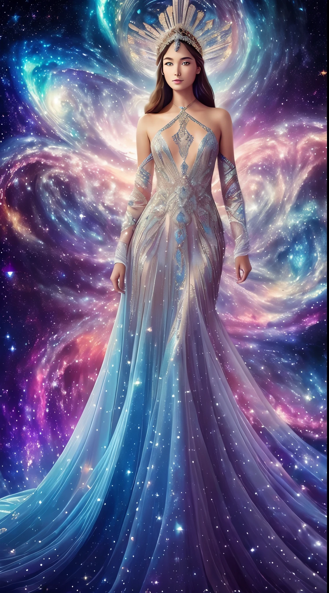 (masterpiece:1.3), perfect anatomy, 32k UHD resolution, professional photography, (realistic photo:1.3), cinematic angle, (best quality:1.3), (high quality:1.2), depht of field, beautiful woman, (Celestial Elegance Ensemble:1.2), (Galactic-inspired Fabric Patterns:1.1), (Starlight Sequin Embellishments:1.2), (Extravagant Moonlit Train:1.1), (Celestial Halo Headpiece:1.2), (Ethereal Glow Fabric:1.1), (Abstract Constellation Embroidery:1.1), (Luxurious Nebula Palette:1.2), (Stellar Runway Pose:1.1), (Cosmic Atmosphere:1.2), Korean fantasy