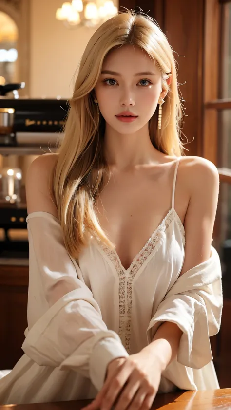 (raw, top quality),Coffee Shop, A young and beautiful blonde woman pouring coffee, ample chest, soft lighting, warm ambiance, earrings, urban and sophisticated woman, shining hair, sleek hairstyle, detailed and stylized