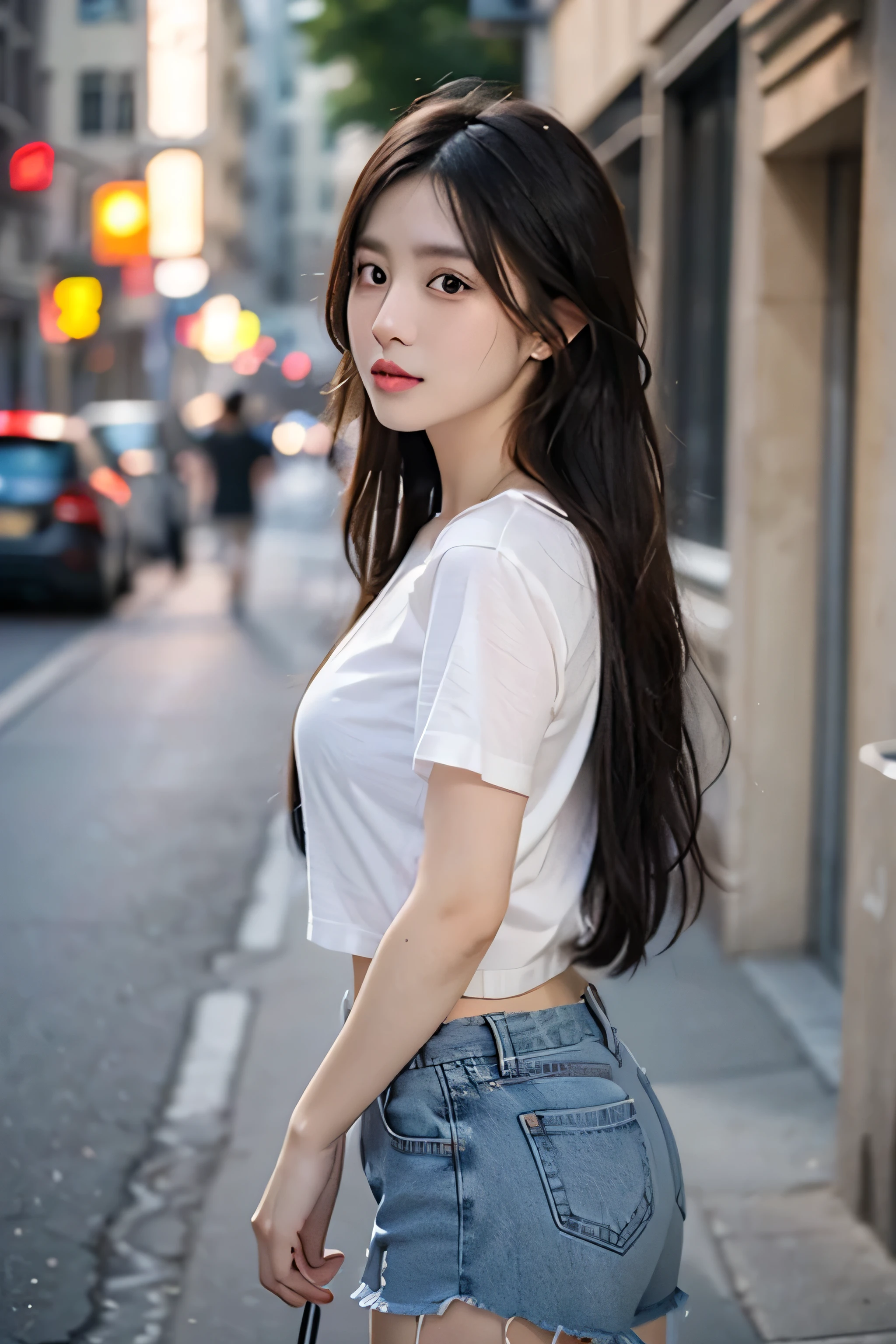 best quality, masterpiece, ultra high resolution, (actual: 1.4), original photo, (Evening Street), 1 girl, black eyes, looking at the audience, long hair, Light makeup, lips, Small ears, White T-shirt, Denim shorts, earrings, ride a ferrari, big breasts, Slim
