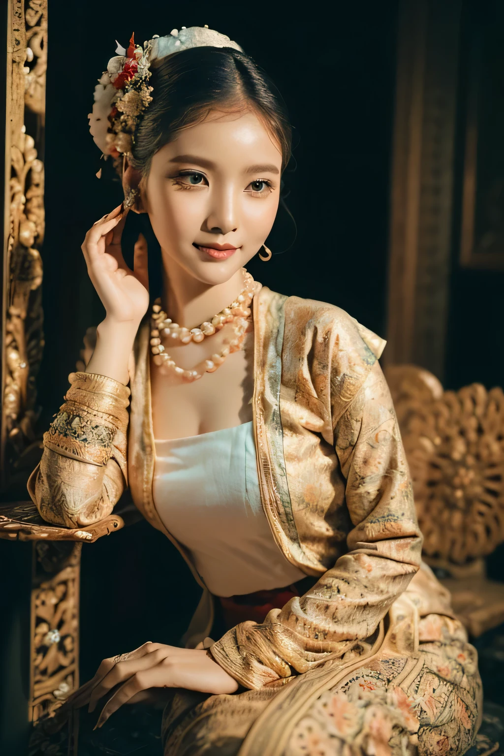 (Лучшее качество,4k,8К,Высокое разрешение,шедевр:1.2),ультрадетализированный,(реалистичный,photoреалистичный,photo-реалистичный:1.37),Потрясающая дама в традиционном бирманском красном платье, MMTD Красное ТРАДИЦИОННОЕ ПЛАТЬЕ С БИРМАНСКИМ УЗОРОМ , носите жемчужные ожерелья и золотые браслеты,ДЕТАЛИ ТЕЛА, КРАСОТА, красное платье, красиво украшенный, привлекательные узоры из парчи, насыщенные и яркие цвета, детальная работа по вышивке, изысканные текстуры, тщательно сшитое вручную платье, ярко отражает суть бирманской культуры,традиционные цветочные мотивы, черные волосы в один пучок с цветком, замысловатая прическа, нежный и женственный, добавляет нотку изысканности, мягкое, но уверенное выражение лица, глубокие и пленительные глаза, блестящие губы с намеком на улыбку, безупречный цвет лица, полированный и изысканный, завораживающее присутствие, черный фон , хорошее освещение, студийное освещение, захватывающий визуальный опыт, фотосессия в полный рост, идеальное тело, идеальные руки, Большой бюст, большое бедро, все тело.