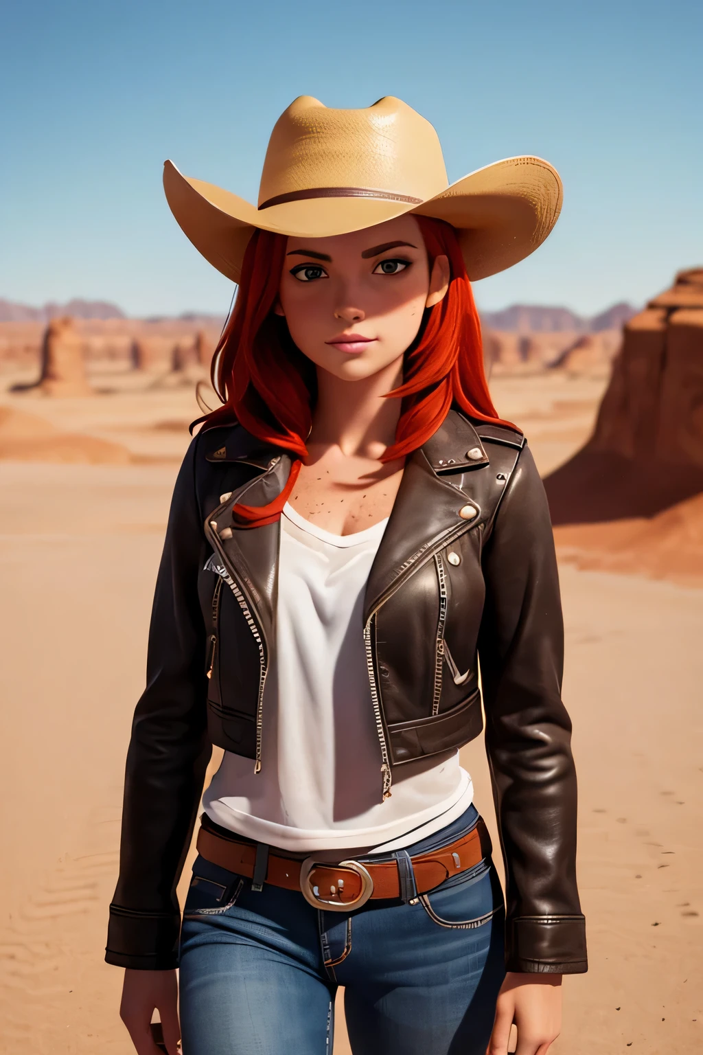 cowboy，a girl，cowboy hat，leather jacket，Red hair，Caucasian，freckle，beautiful，desert，Horizontal light and shadow，disney style，masterpiece, best quality,, Maximum details, intricate details, very clear
