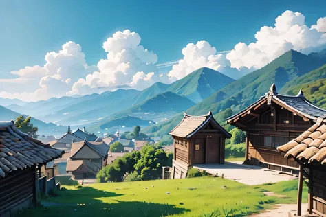 A village，blue sky，Mountain