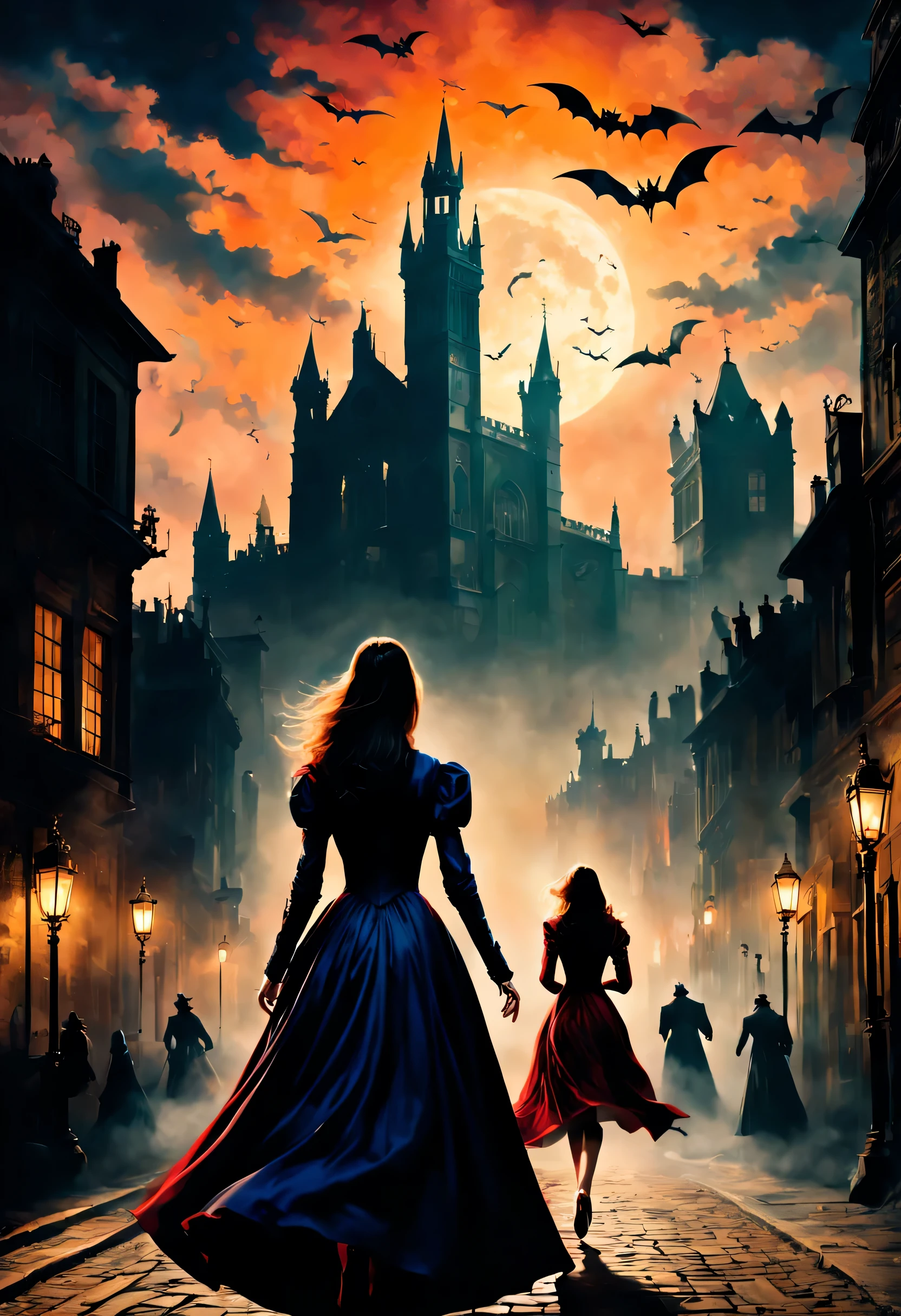 London:night:16th century,eerie atmosphere,Cityscape overlooking the bell tower,月night,A woman wearing a dress running away:Rear view,Count Dracula chasing:Rear view,A scene from a movie,movie poster,she was attacked by a vampire,He was forced to run away on purpose to enjoy the hunt..,the future is hopeless,Will God abandon her??,Photos that excite the viewer,masterpiece,be familiar with,rich colors,dramatic,colorful,dream-like