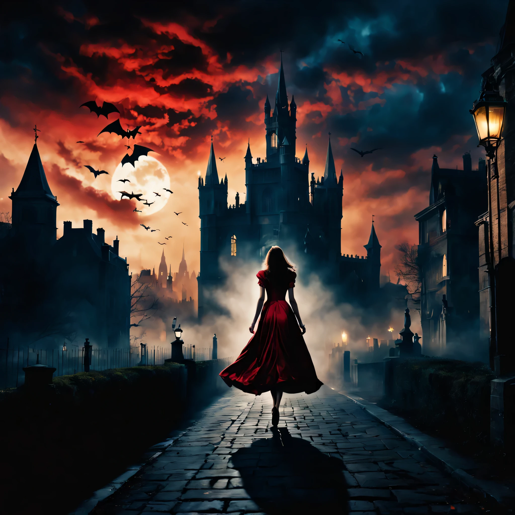 London:night:16th century,eerie atmosphere,Cityscape overlooking the bell tower,月night,A woman wearing a dress running away:Rear view,Count Dracula chasing:Rear view,A scene from a movie,movie poster,she was attacked by a vampire,He was forced to run away on purpose to enjoy the hunt..,the future is hopeless,Will God abandon her??,Photos that excite the viewer,masterpiece,be familiar with,rich colors,dramatic,colorful,dream-like