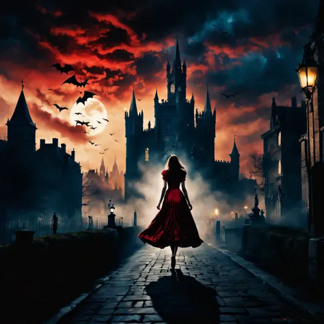 london:night:16th century,eerie atmosphere,cityscape overlooking the bell tower,月night,a woman wearing a dress running away:rear...