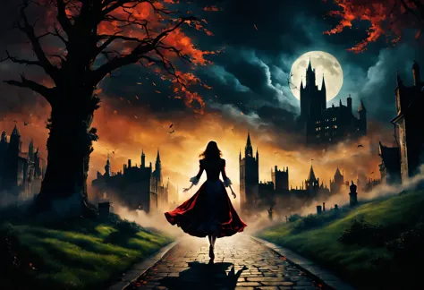 London:night:16th century,eerie atmosphere,Cityscape overlooking the bell tower,月night,A woman wearing a dress running away:Rear...