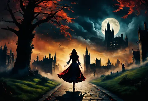 london:night:16th century,eerie atmosphere,cityscape overlooking the bell tower,月night,a woman wearing a dress running away:rear...