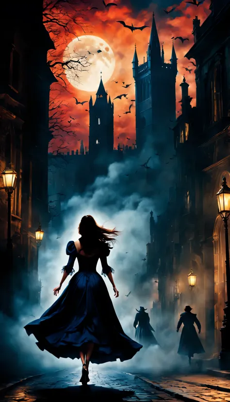 london:night:16th century,eerie atmosphere,cityscape overlooking the bell tower,月night,a woman wearing a dress running away:rear...