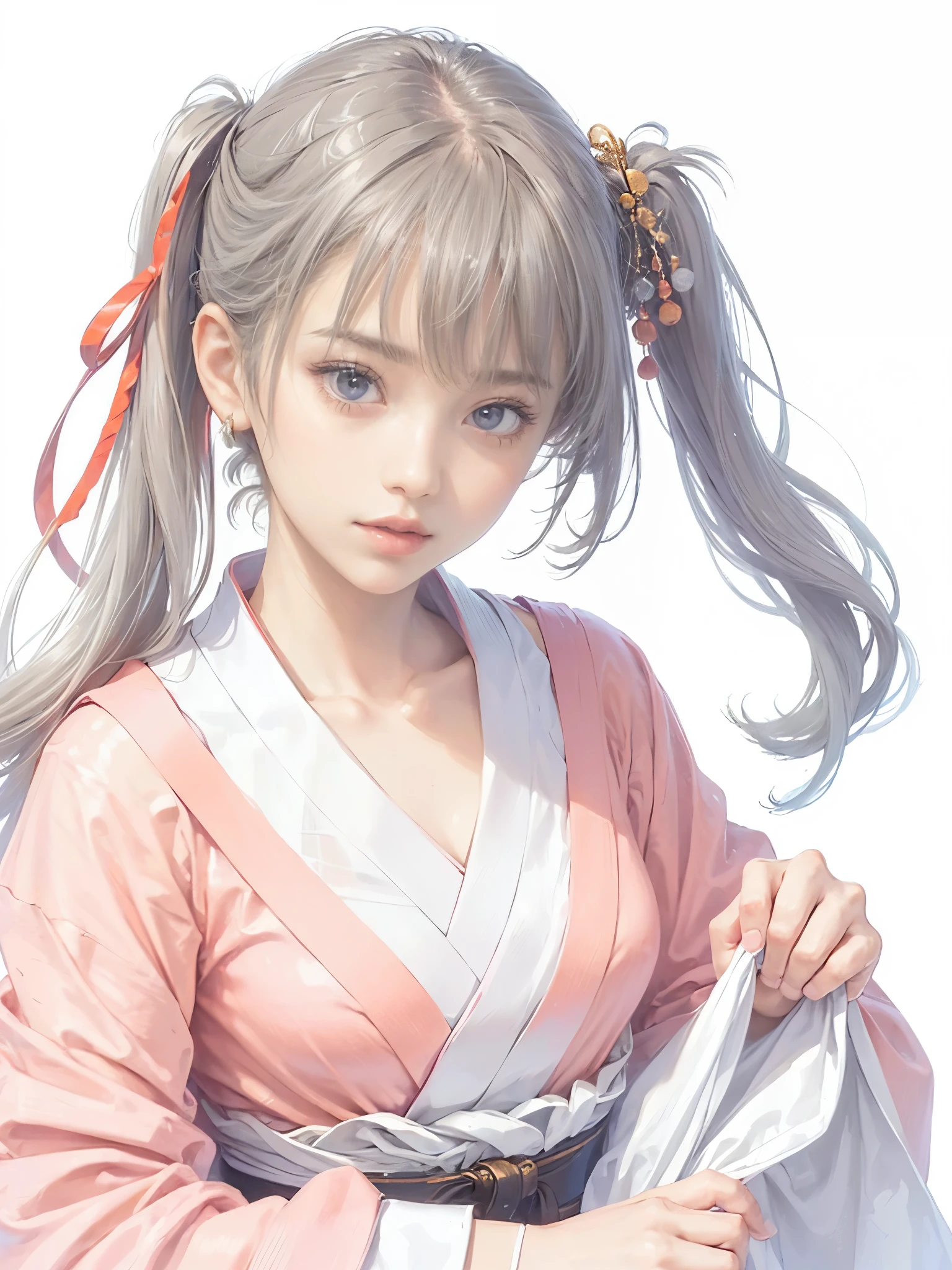 (((1 girl)))，masterpiece，highest quality，realistic，Upper body，long hair，gray hair，skin texture、beautiful japanese kimono、(band、peach:1.2)、Long hakama hem，milestone celebration，white background、pink coat,