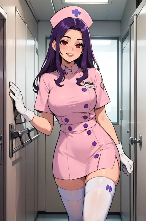 1 female, alone, nurse, nurse cap, white clothes, ((white legwear, zettai ryouiki)), white gloves, long hair, purple hair, red e...