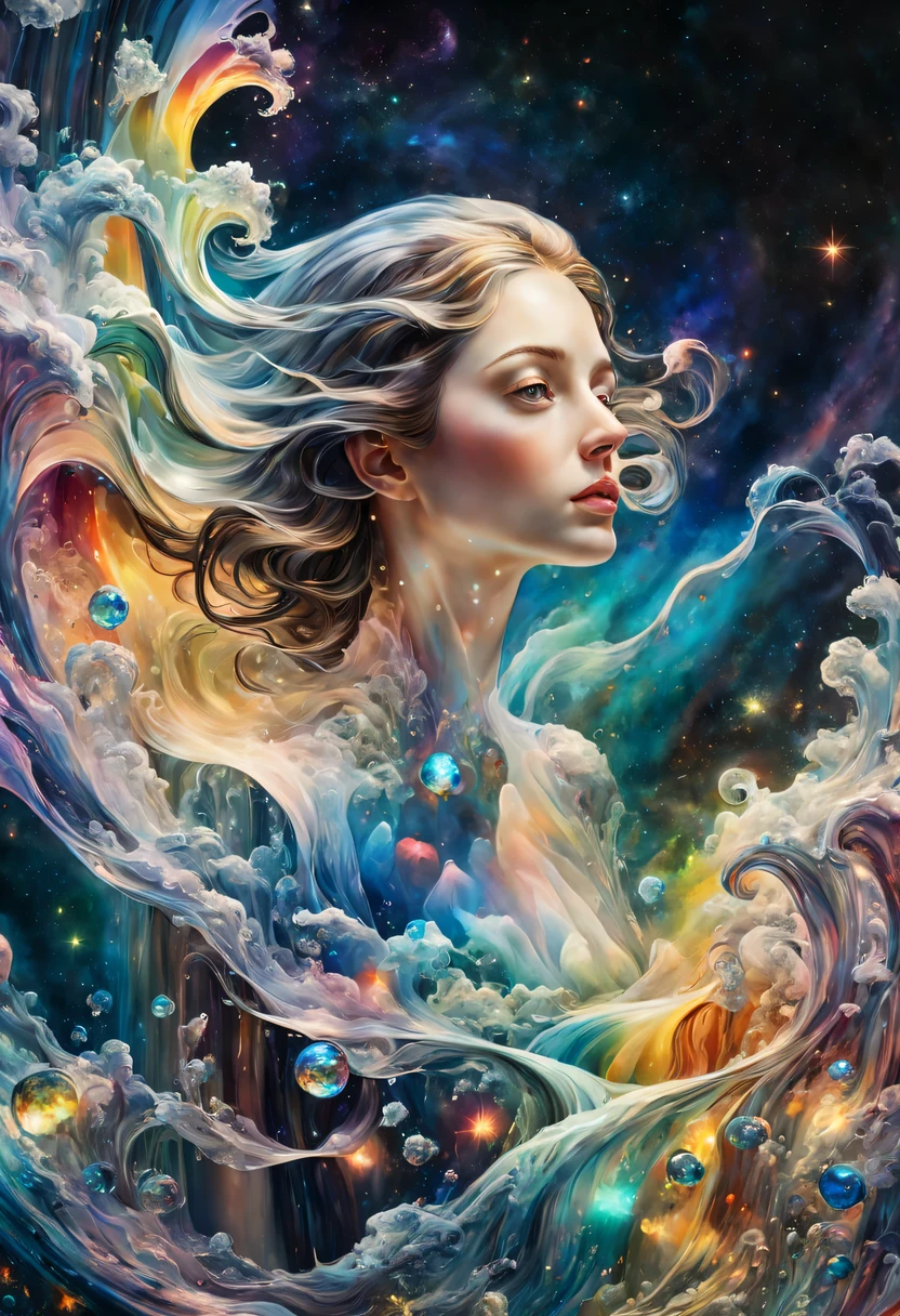 美しい若い女性のカラー画., 夜の不思議な波. 3D. 虹色. 宇宙の溶ける美しさ. 星雲の破片の反射におけるシュールレアリズム. ガラスの質感，半透明，結晶，水ぶくれ