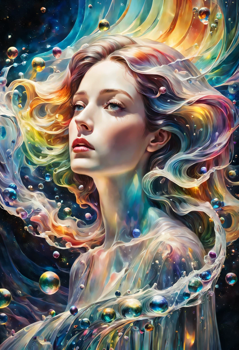 美しい若い女性のカラー画., 夜の不思議な波. 3D. 虹色. 宇宙の溶ける美しさ. 星雲の破片の反射におけるシュールレアリズム. ガラスの質感，半透明，結晶，水ぶくれ