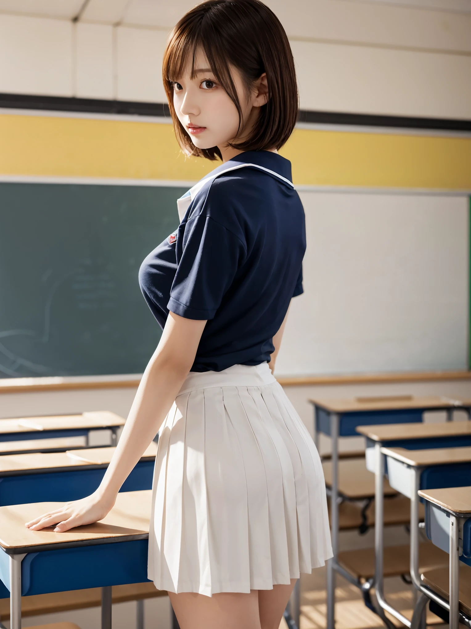 silver short bob hair：1.8, Beautiful woman, profile、(Short Sleeve White Sailor School Unishape、navy pleated skirt：1.5), lift your butt：1.5，bare hands：1.5， very sexy, ultimate image quality, (school classroom:1.5), bright light、Cute face and beautiful butt:1.2, big breasts、constricted waist、beautiful figure、 shape、beautiful skin,