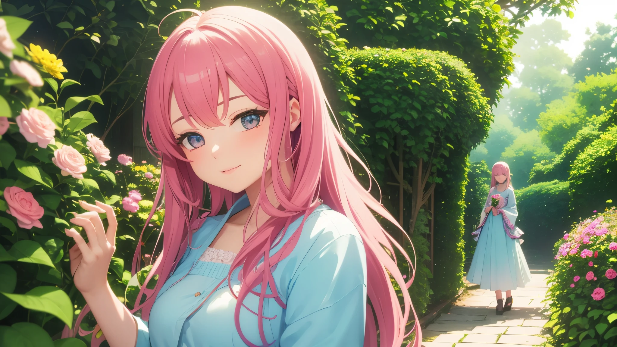 A woman with pink hair and blue eyes standing in a garden - SeaArt AI