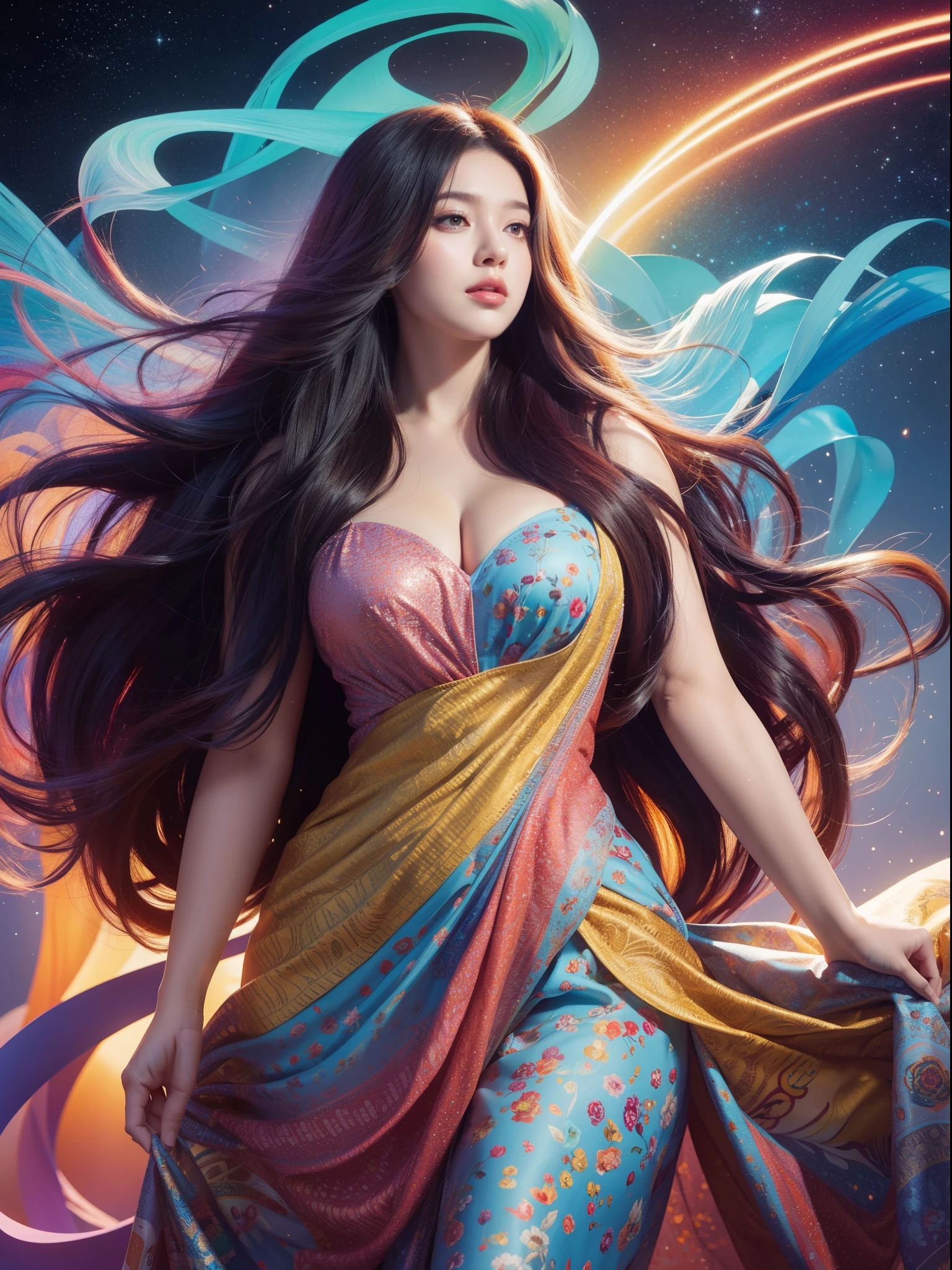 a painting of a woman with long hair and colorful hair, beautiful digital illustration, stunning digital illustration, gorgeous digital art, a beautiful artwork illustration, beautiful digital artwork, beautiful digital art, exquisite digital illustration, intricate digital painting, very beautiful digital art, vibrant digital painting, beautiful gorgeous digital art, psychedelic flowing hair, colorful digital painting, inspiring digital art, stylized digital art