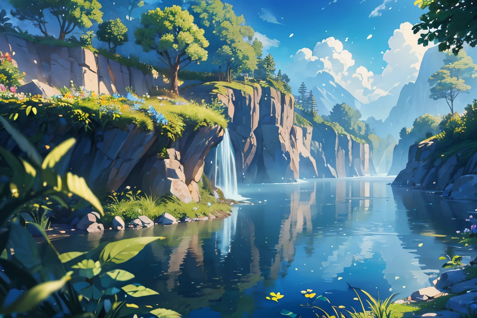 Masterpiece, best quality, (very detailed CG unity 8k wallpaper) (best quality), (best illustration), (best shadows) Nature&#39, blue sea,delicate leaves petals of various colors falling in the air light Tracking, super detailed ,no human --v6