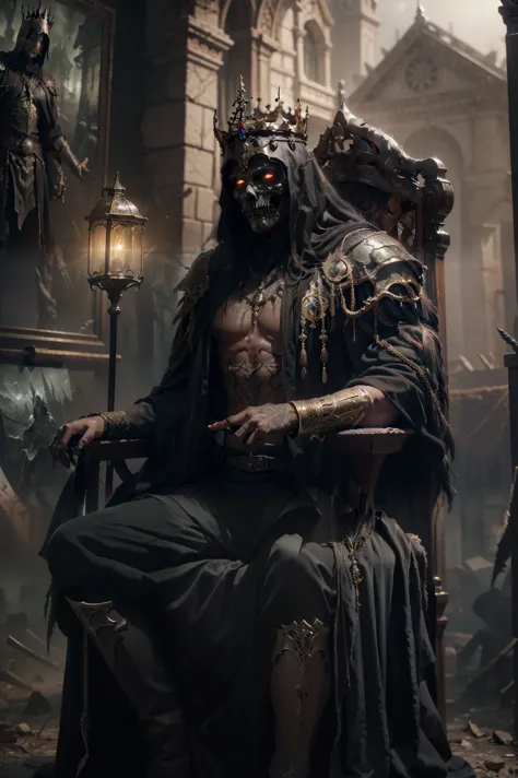 king of the dead sitting on the throne, king of the dead with a crown of bones, web, black robe,  with a black blade in his hand...