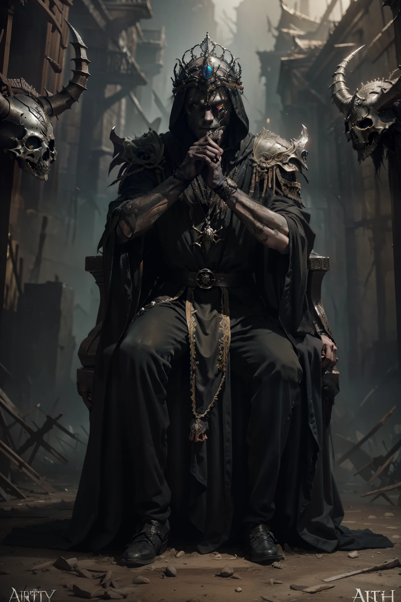 King of the dead sitting on the throne, king of the dead with a crown of bones, web, black robe,  with a black blade in his hand, fantasy, dramatic photo, dynamic photo, full body view,  model poses, blurred background, highly detailed, ultra-realistic, 8k, (realistic:1.3), poster, intricate details, painting \(artwork\), ((masterpiece,best quality)), ((cinematic light)), hyperealistic, fearsome, dark fantasy \(style\), detailed armor, detailed helmet, eight hands,  eight eyes, terrible, scary, ugly, (dark shot:1.17), epic realistic, faded, ((neutral colors)), art, (hdr:1.5), (muted colors:1.2), hyperdetailed, (artstation:1.5), cinematic, warm lights, dramatic light, (intricate details:1.1), complex background, (rutkowski:0.8), (teal and orange:0.4)