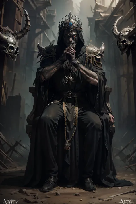 king of the dead sitting on the throne, king of the dead with a crown of bones, web, black robe,  with a black blade in his hand...