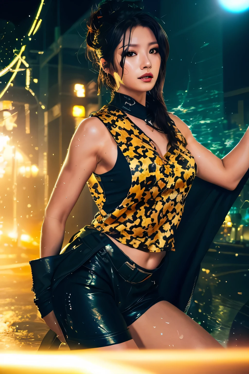 There is a woman wearing a leopard print top and black shorts.., sexy style, sexy :8, Photographed with Canon EOS R6, Yoshitomo Nara, glamorous Tifa lockheart, sexy look, beast, In a cyber-punk style, Photographed with Nikon Z9, Tifa lockhart, sakimichan, Tifa,((highest quality)), ((masterpiece)), (become familiar with),uniform 8k wallpaper, Super detailed, 32K、Semen splattered on the wall 3、 ((sweaty and oily))

