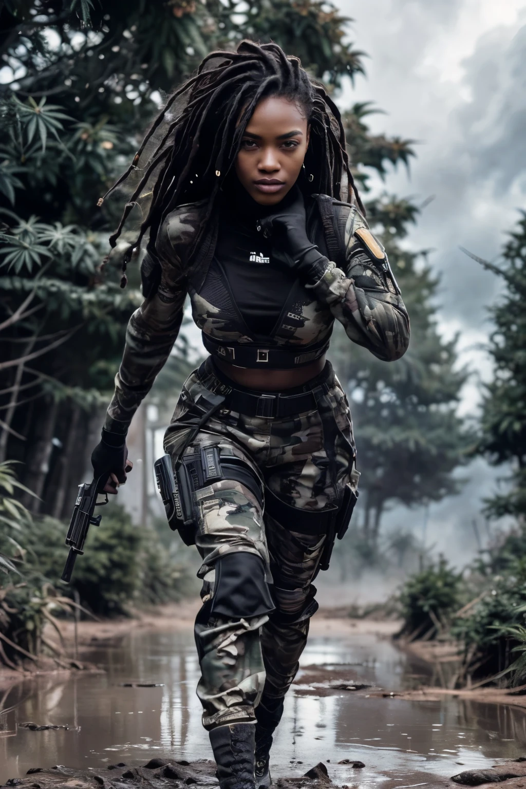 ((Best Quality)), ((Masterpiece)), (High Detail:1.3), gun in hand,beautiful (cyberpunk:1.2) rebel special forces, ((dark-skinned flat-chested Caribbean woman with thick violet dreadlocks hairstyle running through muddy dense cannabis indica forest)) in (in urban samurai camouflage_uniform:1.1), digital (camouflage: 1.3), HDR (High Dynamic Range), anisotropic filtering, maximum clarity and sharpnesenacingly storming sky filled with gnarly lightening)