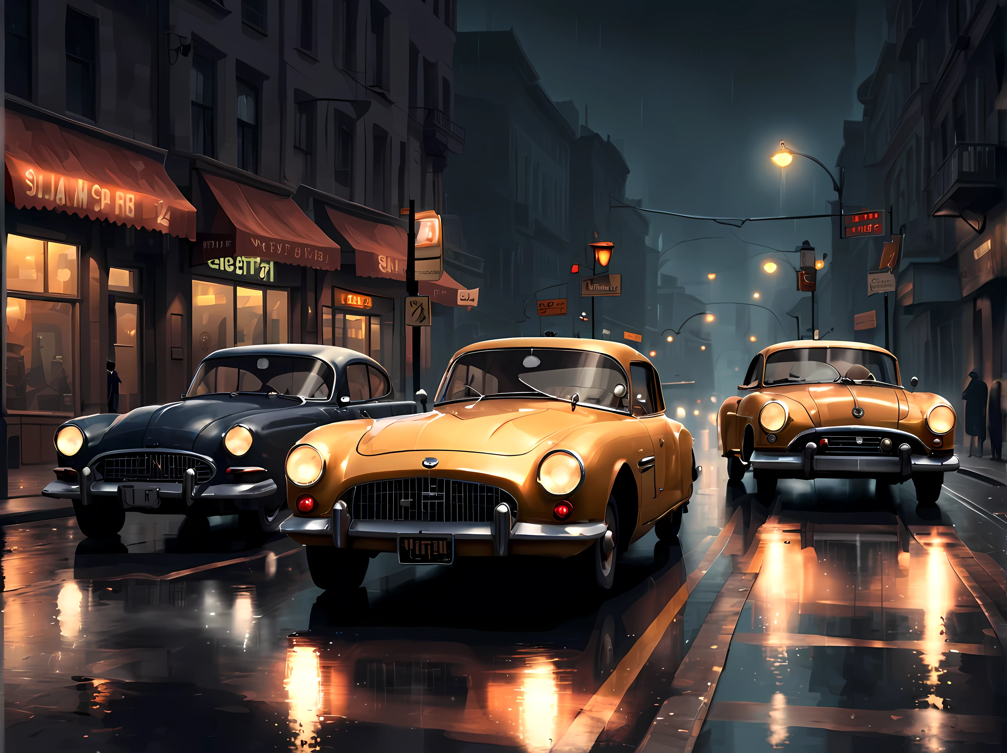 (style de pixels:1.4), Chef-d&#39;œuvre en résolution maximale de 16K, concevoir une voiture captivante et passionnante ((chasse)) entre deux ((ancien)) voitures ((courbes élégantes, conception classique)) dans le style atmosphérique du film noir, la scène se déroule dans des rues détrempées par la pluie, éclairées par la lueur crue des réverbères, capturer la tension et l&#39;adrénaline d&#39;une poursuite à grande vitesse. | Un environnement urbain sombre et ombragé, reflets scintillants sur le trottoir mouillé. | ((Plus_détail))