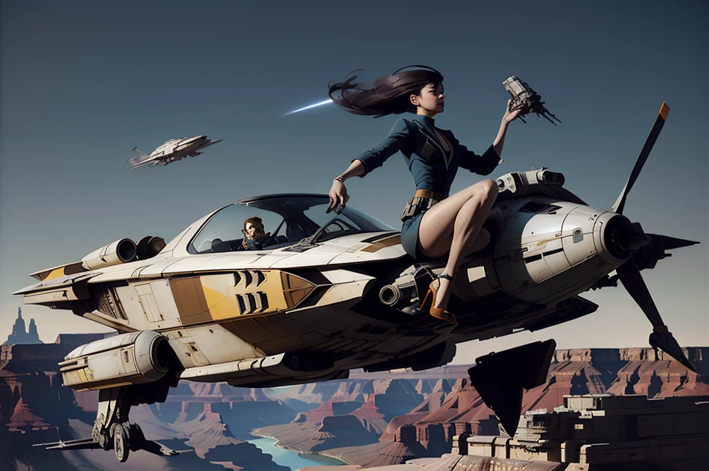 Picture of a girl, edushego na speeder without a helmet, Hair fluttering in the wind, sergey kolesov concept art, style by Craig Mullinza, inspired Craig Mullins, Obituary of Craig Mullins, Nicolas Bouvier Sparta, Craig Mullins, Spider, concept art of the speeder, bastien grivet, Syd Mead style, Cinematography by Syd Mead, Syd Mead style, sergey kolesov, against the backdrop of the Grand Canyon, lower body naked, high heel shoes