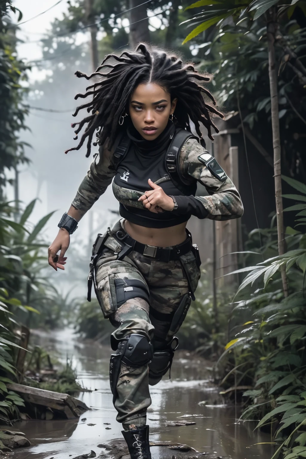 ((Best Quality)), ((Masterpiece)), (High Detail:1.3), gun in hand,beautiful (cyberpunk:1.2) rebel special forces, ((dark-skinned flat-chested Caribbean woman with thick violet dreadlocks hairstyle running through muddy dense cannabis indica forest)) in (in camouflage_uniform:1.1), cerulean digital (camouflage: 1.3), HDR (High Dynamic Range), anisotropic filtering, maximum clarity and sharpnesenacingly storming sky filled with gnarly lightening)