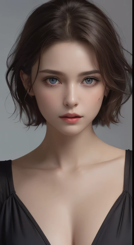 silk dress:1.3、look at the audience、cinematic lighting、perfection、soft light、high resolution skin:1.3、realistic skin texture、30 year old mature woman、small face、no makeup、bust B cup、small breasts、detailed beautiful eyes、short hair、dark brown hair、gray background、