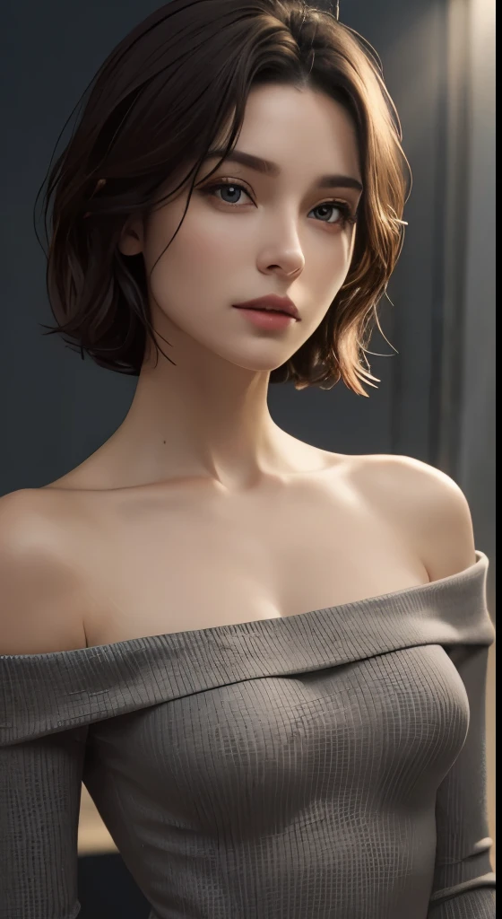 skin tight top:1.4、look at the audience、cinematic lighting、perfection、soft light、high resolution skin:1.2、realistic skin texture、30 year old mature woman、small face、no makeup、off shoulder、bust B cup、small breasts、detailed beautiful eyes、short hair、dark brown hair、full nude、gray background、