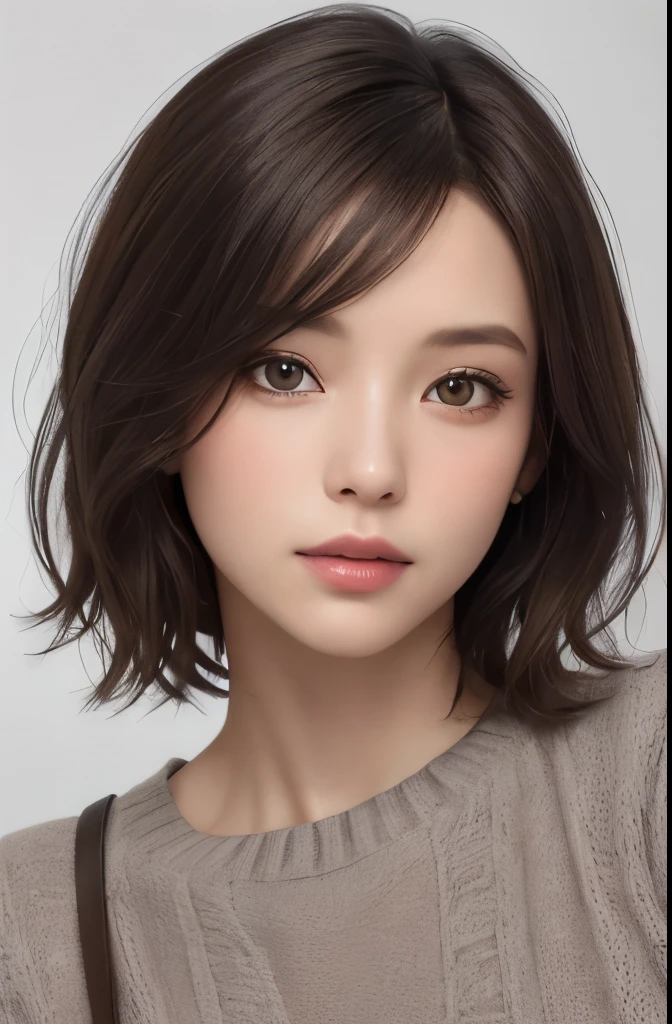 (Representative works:1.3)、(8K、photorealistic、RAW photo、Highest image quality:1.4)、(30 year old mature woman)、beautiful face、(realistic face)、(dark brown hair、short hair:1.3)、beautiful hairstyle、realistic eyes、beautiful detailed eyes、(realistic skin)、beautiful skin、(sweater)、lack of coordination、charm、ultra high resolution、Super realistic、High definition、golden ratio、cool pose、gray background